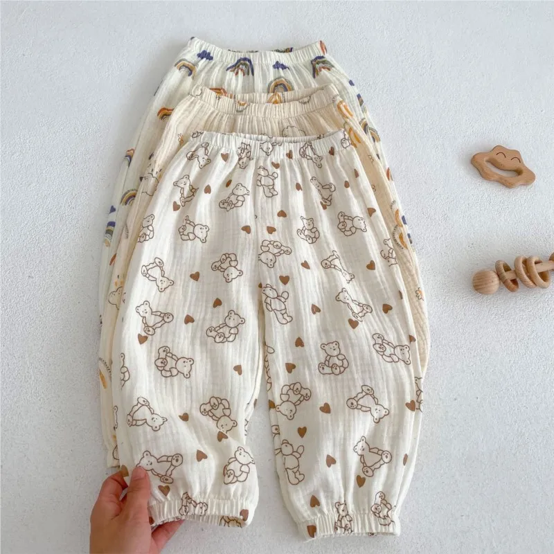 Летние брюки для маленьких девочек 2023 года, хлопковые штаны на резинке с рисунком радужного Медвежонка с рисунком из мультфильма 