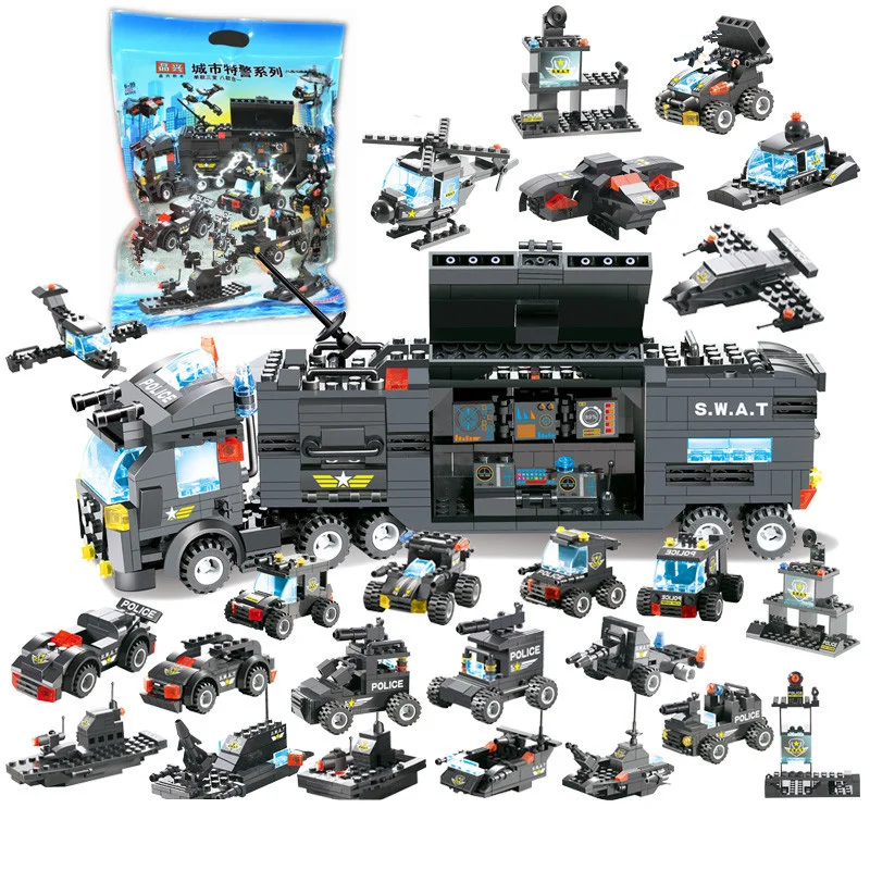 Совместим с Lego City Police Station SWAT Command Vehicle Грузовик, креативные строительные блоки, развивающие игрушки для детей Изображение 0