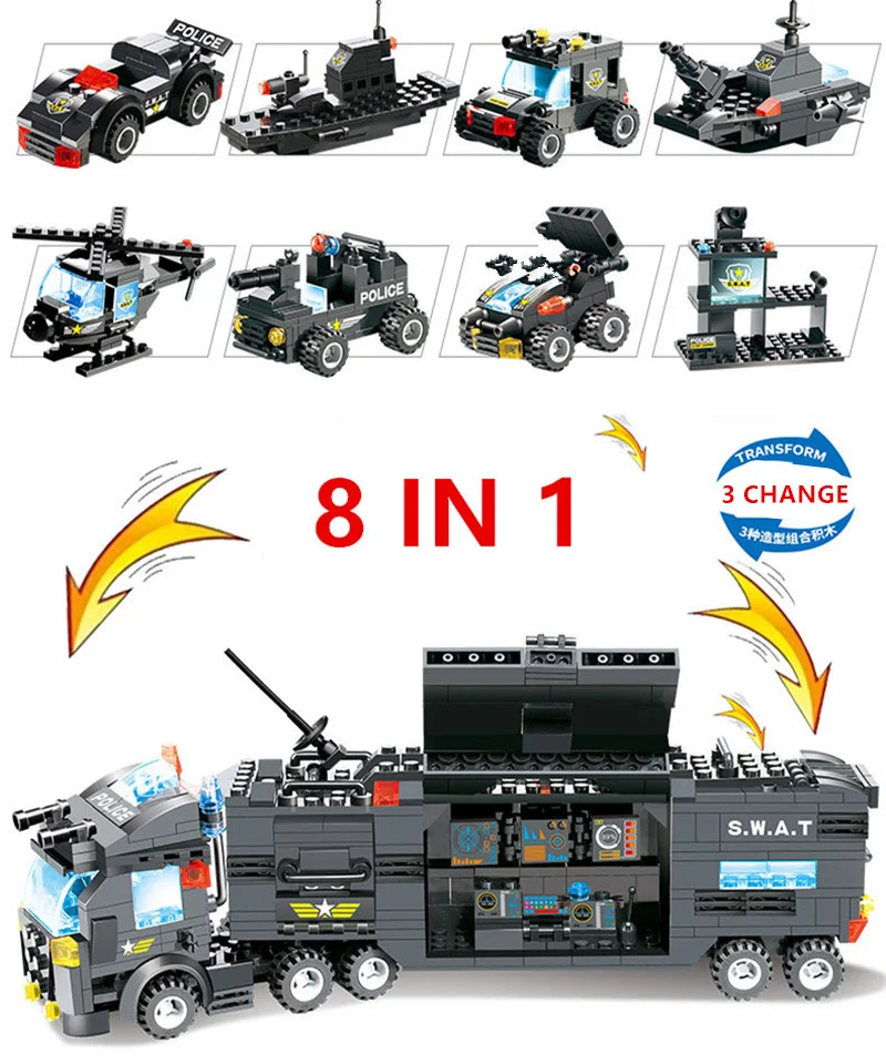 Совместим с Lego City Police Station SWAT Command Vehicle Грузовик, креативные строительные блоки, развивающие игрушки для детей Изображение 1