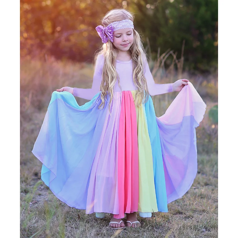 Новая детская одежда, весеннее и осеннее сетчатое платье с длинными рукавами в радужную полоску, модные платья для девочек, милые платья принцесс Изображение 0