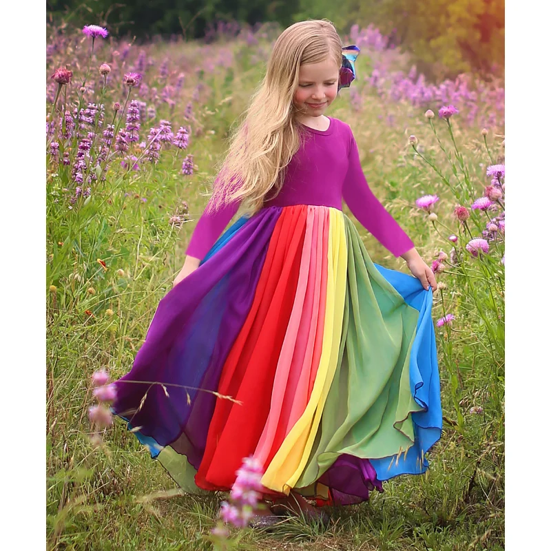 Новая детская одежда, весеннее и осеннее сетчатое платье с длинными рукавами в радужную полоску, модные платья для девочек, милые платья принцесс Изображение 2
