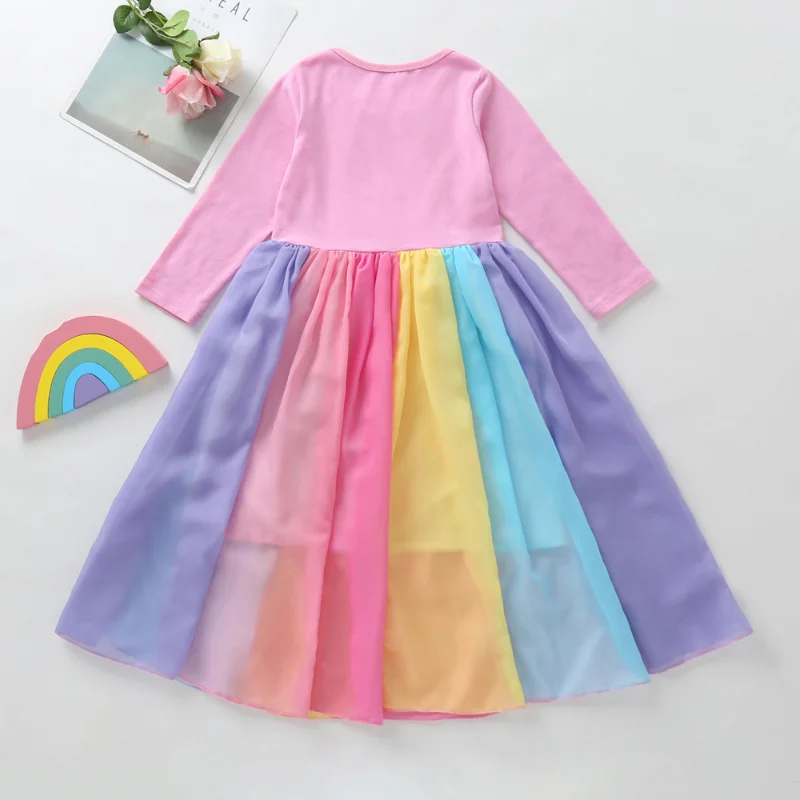 Новая детская одежда, весеннее и осеннее сетчатое платье с длинными рукавами в радужную полоску, модные платья для девочек, милые платья принцесс Изображение 3
