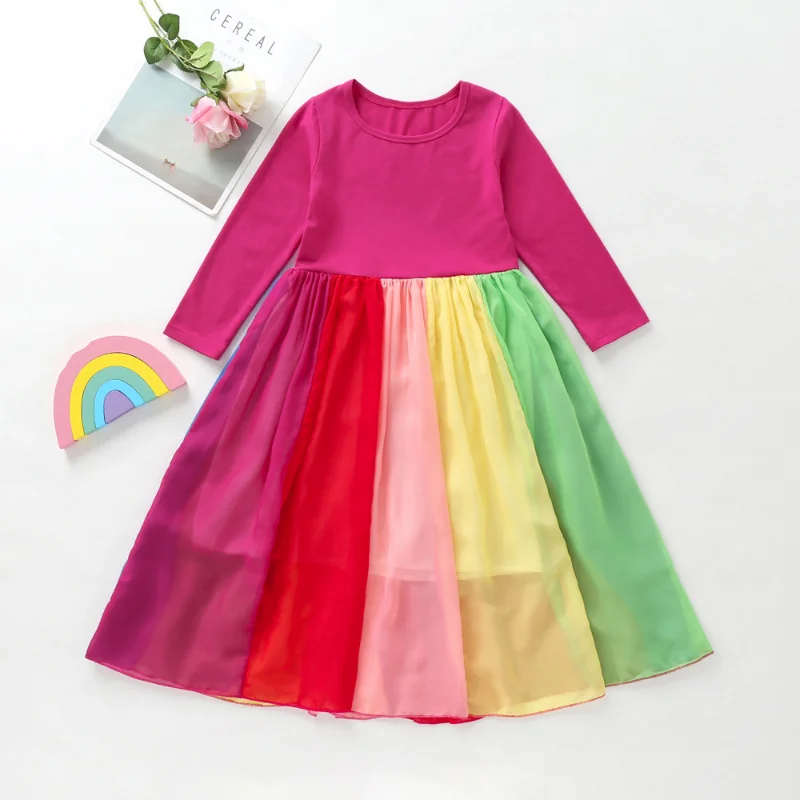 Новая детская одежда, весеннее и осеннее сетчатое платье с длинными рукавами в радужную полоску, модные платья для девочек, милые платья принцесс Изображение 4