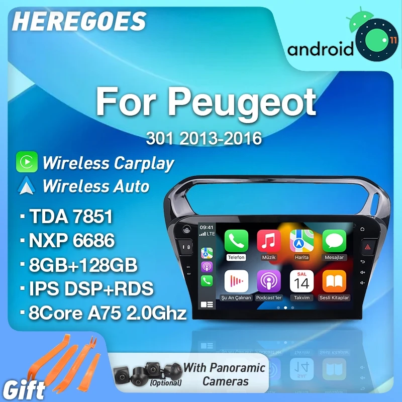 Carplay 720P DSP Автомагнитола 2 Din Android 11 Навигация Для Peugeot 301 Citroen Elysee 2013 2014 2015 2016 Авто GPS 8G + 128 ГБ Wifi Изображение 0
