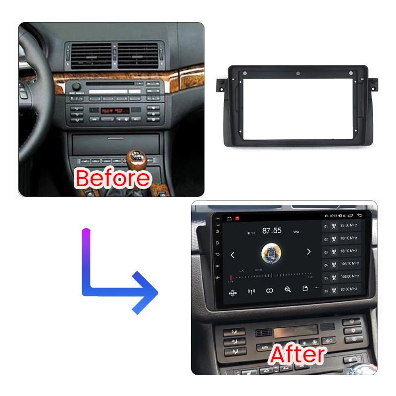 9-Дюймовая рамка панели автомобильного мультимедийного радио для BMW E461998-2005 2din Центральная панель управления Монтажный кронштейн с кабелем Canbus Изображение 1