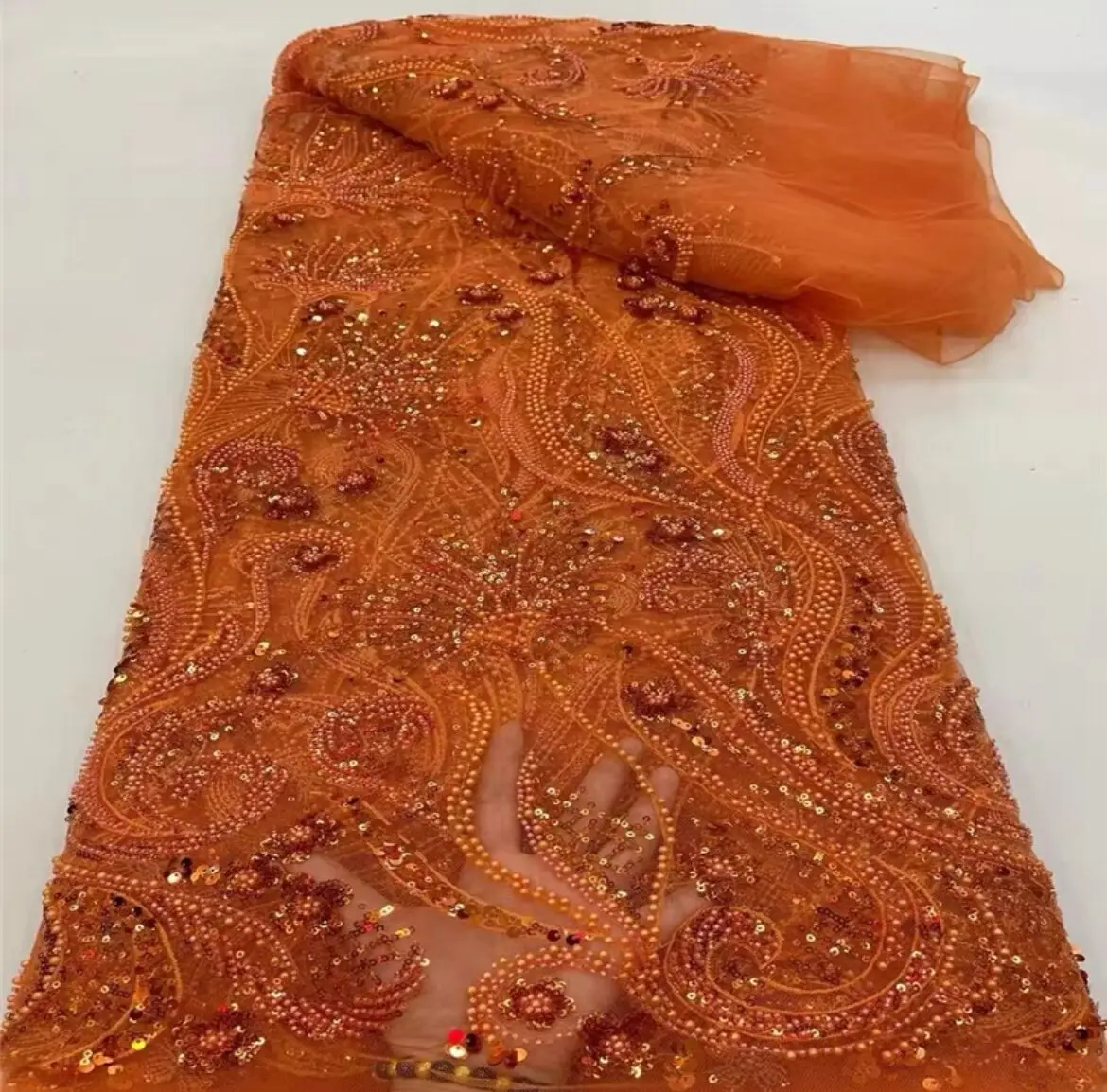 Французское сетчатое кружево персикового цвета, ручная работа, бисер и пайетки, вышивка цветами, 5 ярдов, женское вечернее платье, кружево Изображение 4