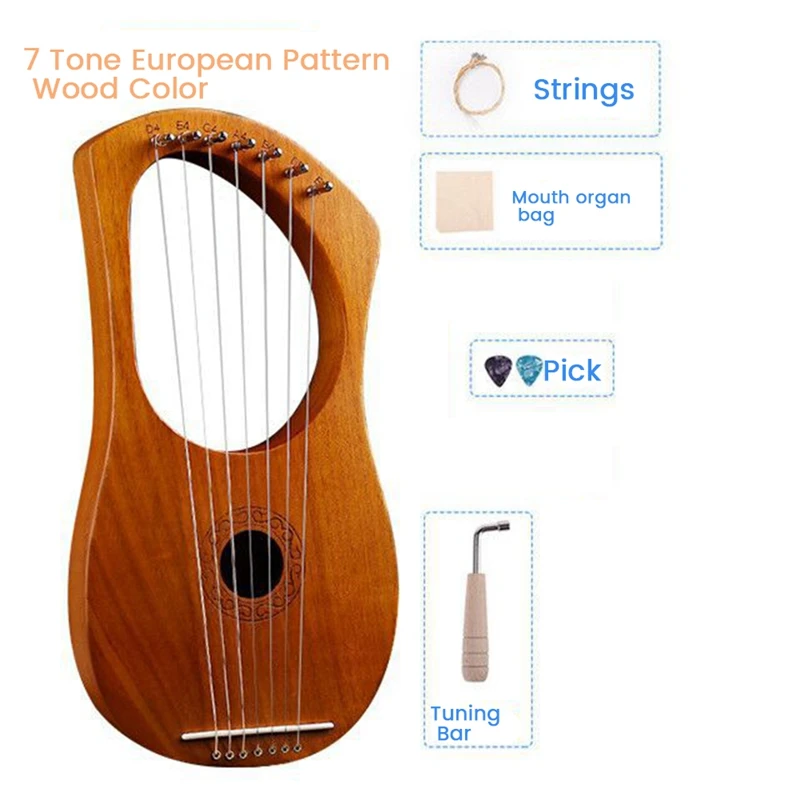 7-Струнная Лира, Арфа, Деревянный Струнный инструмент С сумкой для переноски, дополнительным набором струн и аксессуарами в стиле Изображение 3