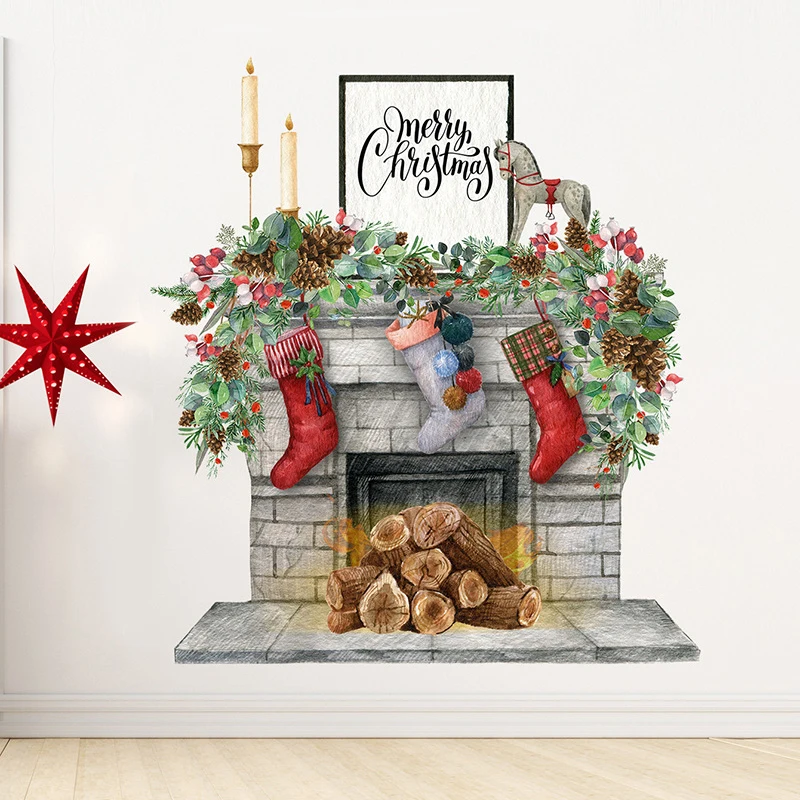 Веселого Рождества, искусственный камин, Сосновая ветка, Рождественский подарок, наклейки на стену для гостиной, кухни, Новогодняя наклейка для домашнего декора Изображение 0