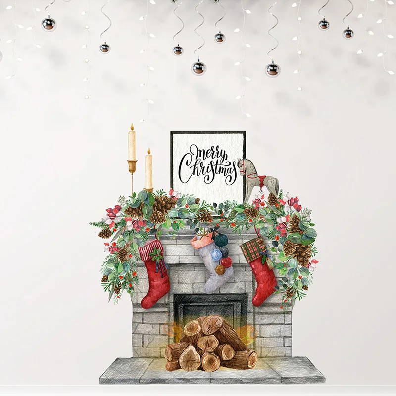 Веселого Рождества, искусственный камин, Сосновая ветка, Рождественский подарок, наклейки на стену для гостиной, кухни, Новогодняя наклейка для домашнего декора Изображение 2