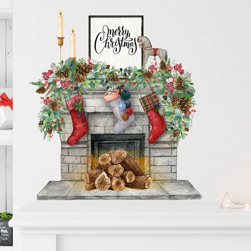 Веселого Рождества, искусственный камин, Сосновая ветка, Рождественский подарок, наклейки на стену для гостиной, кухни, Новогодняя наклейка для домашнего декора Изображение 4