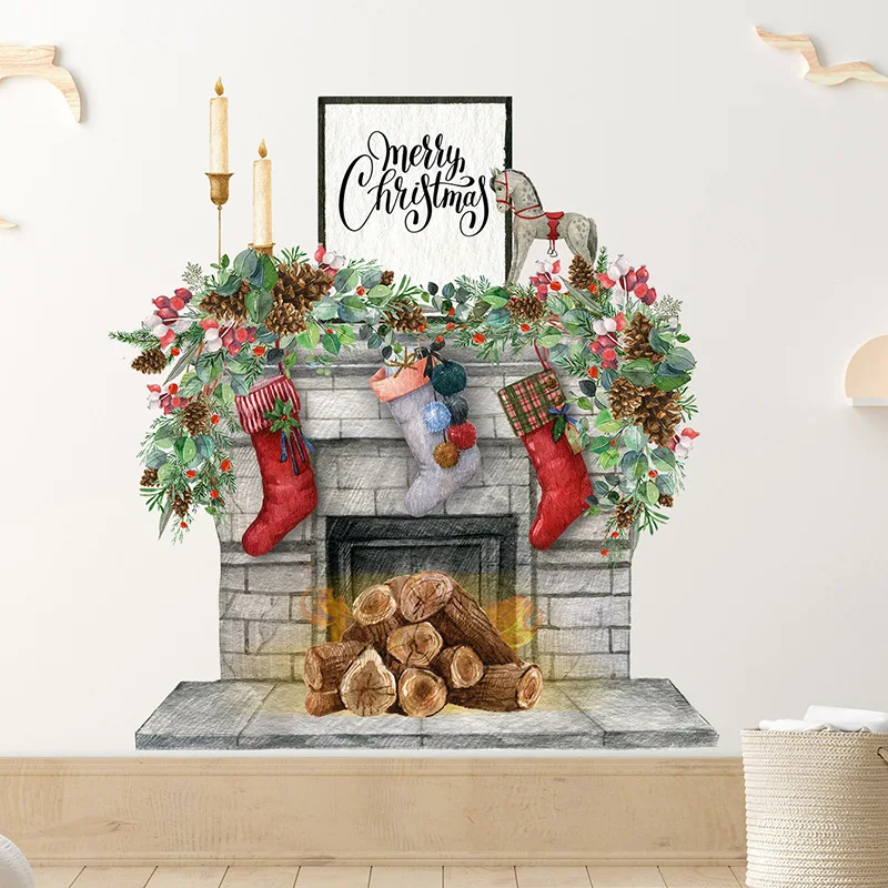 Веселого Рождества, искусственный камин, Сосновая ветка, Рождественский подарок, наклейки на стену для гостиной, кухни, Новогодняя наклейка для домашнего декора Изображение 5