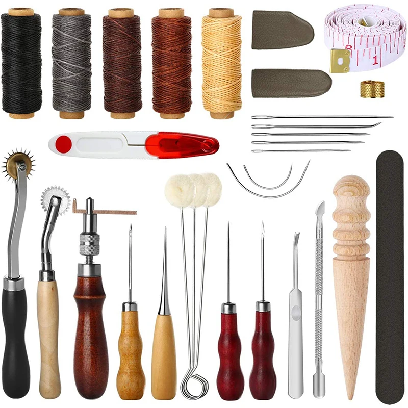 Полный набор инструментов для рукоделия из кожи Полный профессиональный набор инструментов для шитья из холщовой кожи, шило, игла для ручной строчки, принадлежности для шитья своими руками Изображение 0