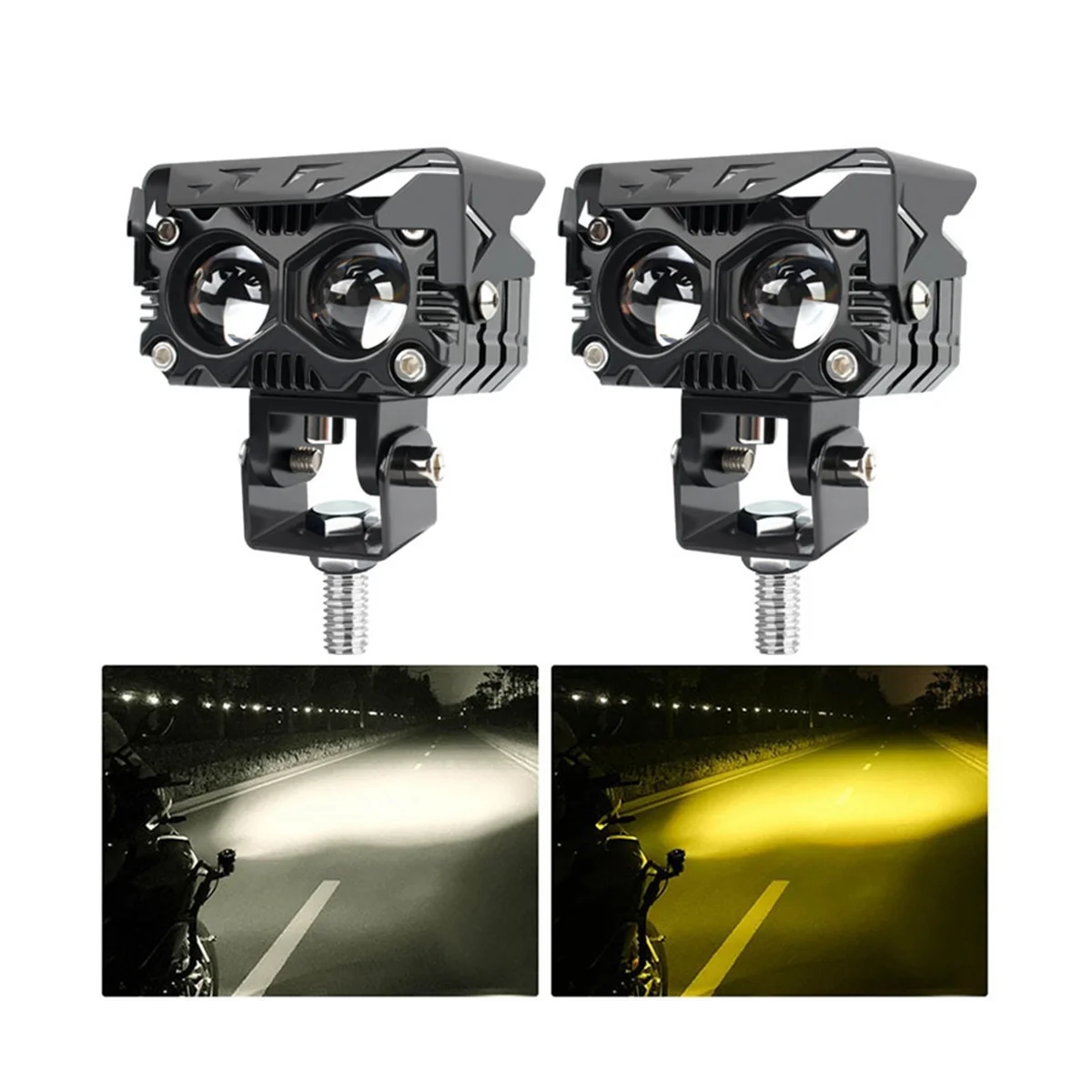 1 пара светодиодных линз мощностью 60 Вт, прожектор с двойными линзами, прожектор для мотоциклов, вспомогательная противотуманная фара, двухцветный белый желтый свет Изображение 3