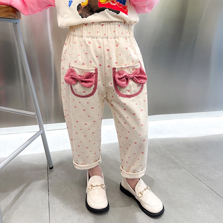 Детские брюки с большим бантом для девочек, детские весенне-осенние детские брюки, повседневная одежда для девочек Изображение 5