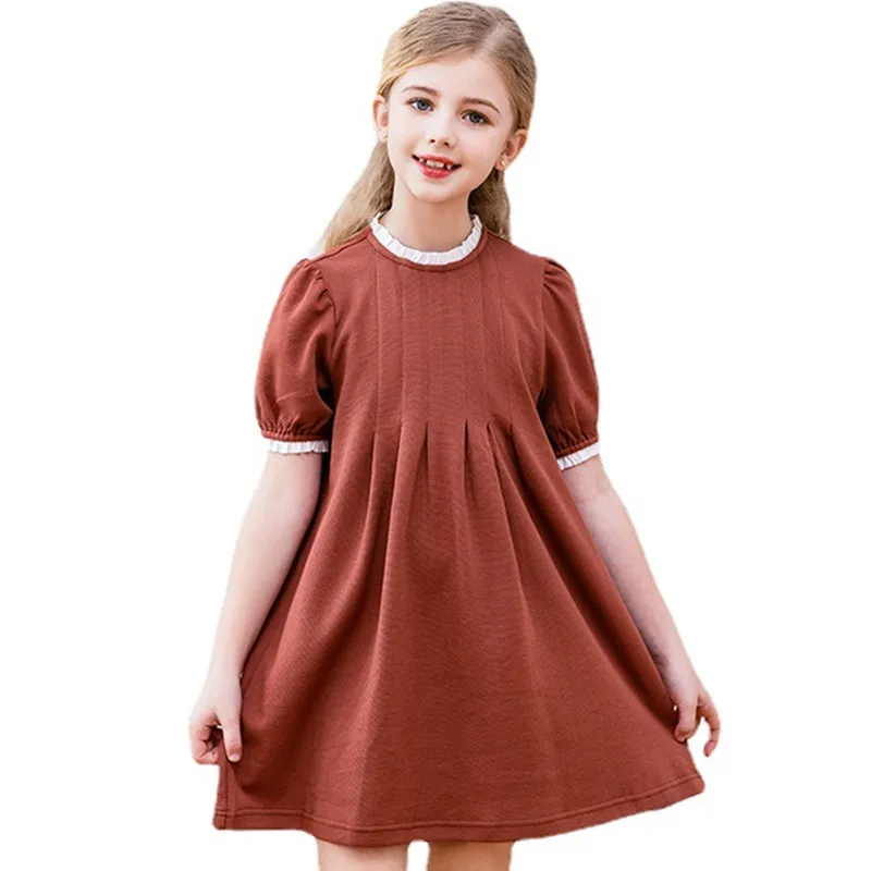 летние плиссированные расклешенные платья для девочек от 4 до 12 лет, модное однотонное платье для девочек, одежда Изображение 0