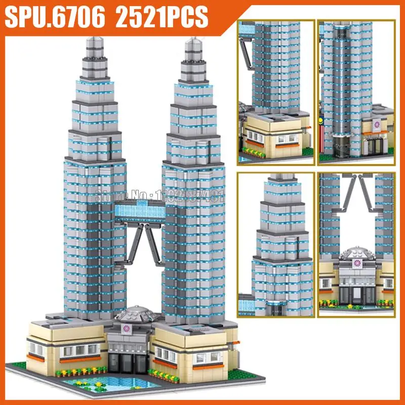 Ql0965 2521pcs Всемирно Известная архитектура, Нефтяная башня-близнец, Строительные блоки, игрушка Изображение 0