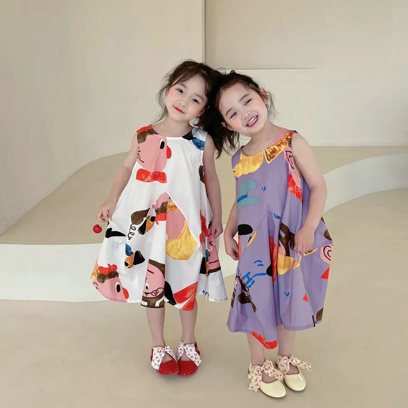 Летнее платье с мультяшным принтом для маленьких девочек, детское хлопковое дышащее платье на подтяжках, одежда для сестер Изображение 0
