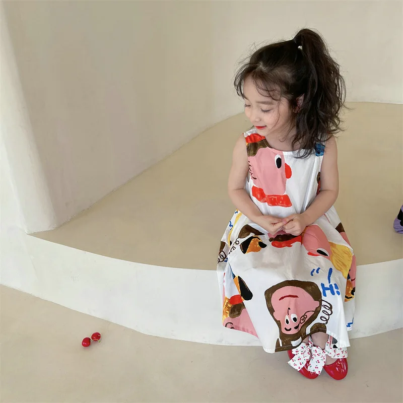 Летнее платье с мультяшным принтом для маленьких девочек, детское хлопковое дышащее платье на подтяжках, одежда для сестер Изображение 3