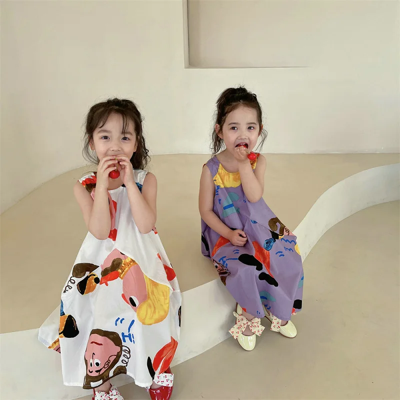 Летнее платье с мультяшным принтом для маленьких девочек, детское хлопковое дышащее платье на подтяжках, одежда для сестер Изображение 4