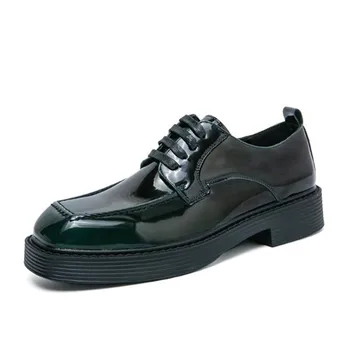 Мужская официальная обувь на платформе, Черно-зеленая кожаная Винтажная мужская модельная обувь на шнуровке, Повседневные деловые Оксфорды, Модные свадебные туфли на плоской подошве