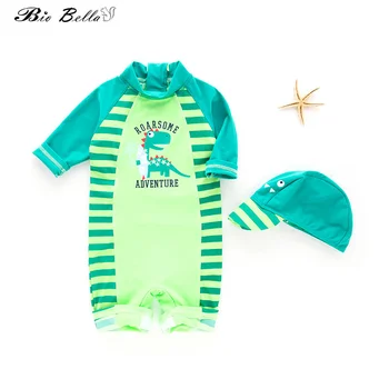 Для детей и мальчиков, цельный детский купальник для маленьких мальчиков, зеленый костюм для серфинга Dinsour, комбинезон с длинным рукавом + шапочка, 2 шт. купальники