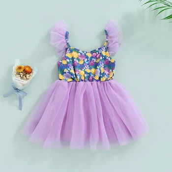 FOCUSNORM Летнее платье принцессы для девочек от 1 до 6 лет с фиолетовым цветочным принтом, рукава-мушки, Кружевное многослойное платье, одежда