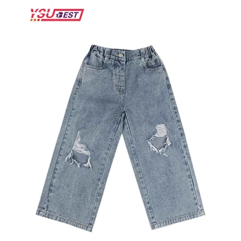 2023, Детские модные джинсы с дырками, весна-осень, повседневные свободные брюки в корейском стиле для девочек, Детские прямые джинсы-цилиндры