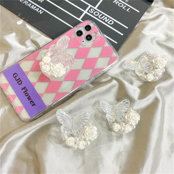 Корейский симпатичный 3D Прозрачный жемчужный кронштейн с бабочкой для iPhone Samsung, Эпоксидный цветок, держатель для телефона, кольцо, подставка, ручка, подарок в подарок