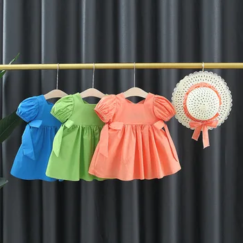 2 шт., Летние платья для маленьких девочек в Корейском стиле с милым бантом, Однотонные Пышные рукава, Пляжное Платье Принцессы для малышей + Шляпка для новорожденных