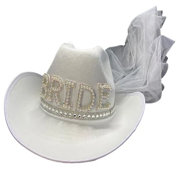 Шляпы невесты Qisin С Белой бриллиантовой бахромой, Ковбойская шляпа невесты, подарок миссис Ковбойская шляпа для невесты, летняя шляпа в стиле Кантри-Вестерн для новобрачных