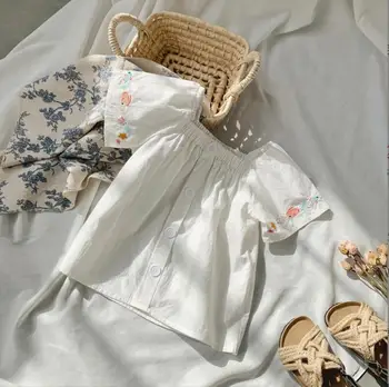 Тонкий топ на одно плечо для девочек, Корейская версия, 2023, Летняя рубашка Baby Sweet Doll с коротким рукавом, Детская рубашка с квадратным вырезом