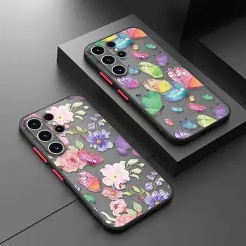 Матовый Чехол Для Телефона Samsung Galaxy S23 S22 S21 S20 FE Ultra S10 S9 S8 Plus Note 10Plus 20Ultra 8 9 Розовый Фиолетовый Цветок-Бабочка