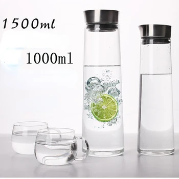 Большая бутылка для воды из термостойкого стекла, Стеклянный кувшин для сока, графин с крышкой из нержавеющей стали, Кухонный холодильник, 1Л 1,5 л