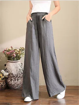 Лето 2023, Женские широкие брюки из хлопка и льна, Элегантные однотонные брюки-клеш с эластичной резинкой на талии, повседневные свободные брюки, женские панталоны