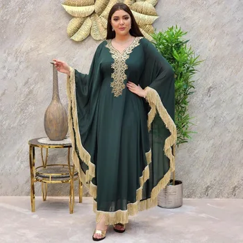Лето 2023, Мусульманская мода, длинный рукав с V-образным вырезом, белое синее зеленое длинное платье из полиэстера Abaya, платья с кисточками
