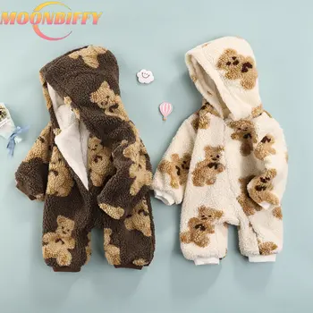 Новый милый Медведь, одежда для новорожденных мальчиков и девочек, капюшоны с длинными рукавами, детские ползунки на молнии, зимняя одежда для младенцев 0-24 м