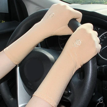 Однотонные Мягкие солнцезащитные перчатки средней длины, женские стрейчевые перчатки для вождения с защитой от ультрафиолета, Варежки с пятью пальцами, Эластичные перчатки для этикета