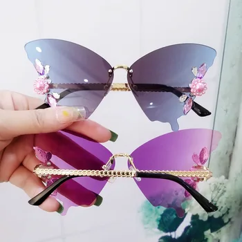 Женские винтажные солнцезащитные очки в форме бабочки, новые солнцезащитные очки без оправы с бриллиантами и жемчугом, градиентные солнцезащитные очки UV400, уличные оттенки, очки для вечеринок