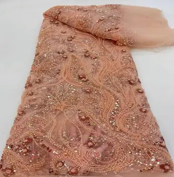 Французское сетчатое кружево персикового цвета, ручная работа, бисер и пайетки, вышивка цветами, 5 ярдов, женское вечернее платье, кружево