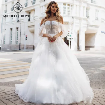 Женские свадебные платья трапециевидной формы Michelle Royce с фестончатыми аппликациями, романтическое свадебное платье со шлейфом в виде часовни, Vestido De Novia