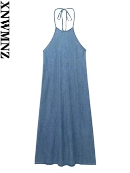 XNWMNZ Женское модное новое джинсовое платье миди в стиле отпусков с бретелькой на шее, на шнуровке, без спинки, женские шикарные платья