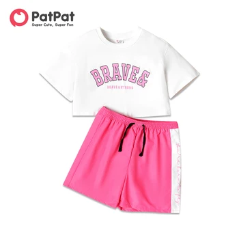 PatPat Комплект из 2 предметов: футболка с короткими рукавами и шортами на завязках с буквенным принтом для девочек