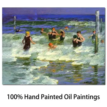Пляжная картина маслом на холсте, купающаяся в прибое, работа Эдварда Генри Поттаста, ручная роспись, современный морской пейзаж, домашний декор