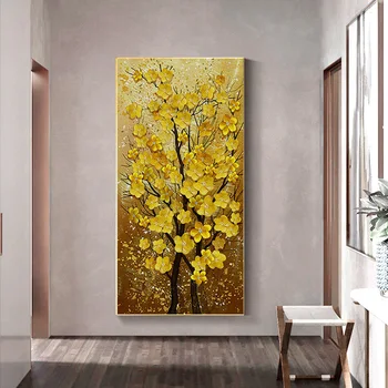 Современная картина маслом ручной работы на холсте Золотисто-желтого цвета, богатое дерево, цветок, растительное искусство, настенная картина для гостиной