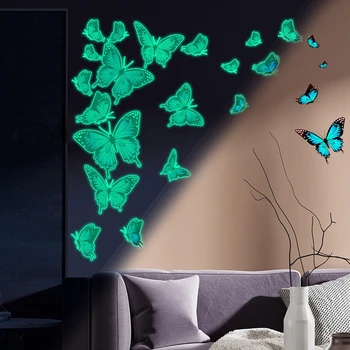 1 комплект 24шт Бабочки Зеленые светящиеся наклейки на стену с бабочками Самоклеящиеся виниловые наклейки для домашнего декора, наклейки светятся в темноте