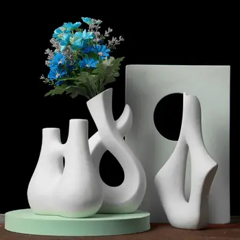 Креативное абстрактное произведение искусства, Керамическая ваза, украшение стола, Цветочная композиция, Цветочные горшки, Современный домашний декор, минимализм, Белые вазы