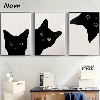 Плакат с изображением животного Черного кота, Очаровательная кошка, картина на холсте, настенная картина, HD Печать для гостиной, спальни, современного домашнего декора