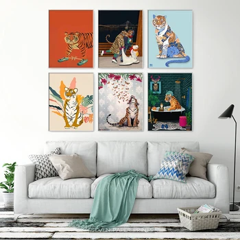 Скандинавская настенная роспись с цветами и животными, Забавный плакат с парой тигров и настенная роспись для гостиной, Современная декоративная роспись для ванной комнаты