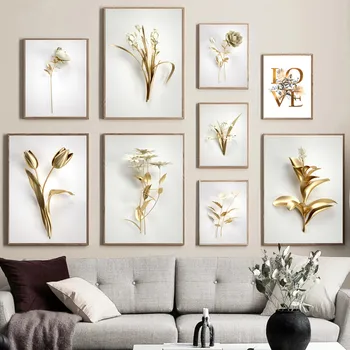 Новый абстрактный плакат с золотыми листьями растений на холсте, современный домашний декор, Настенная живопись, украшение гостиной в скандинавском стиле