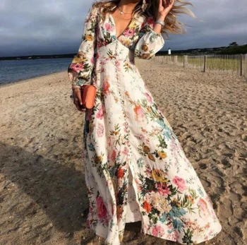 Свободные винтажные платья с цветочным принтом, женские 2021, однобортное элегантное длинное платье макси с рюшами, пляжное платье в стиле бохо в испанском стиле